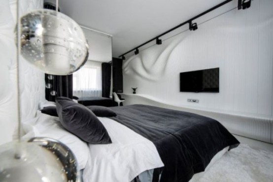 Черно-белый дизайн спальной комнаты от Geometrix Design